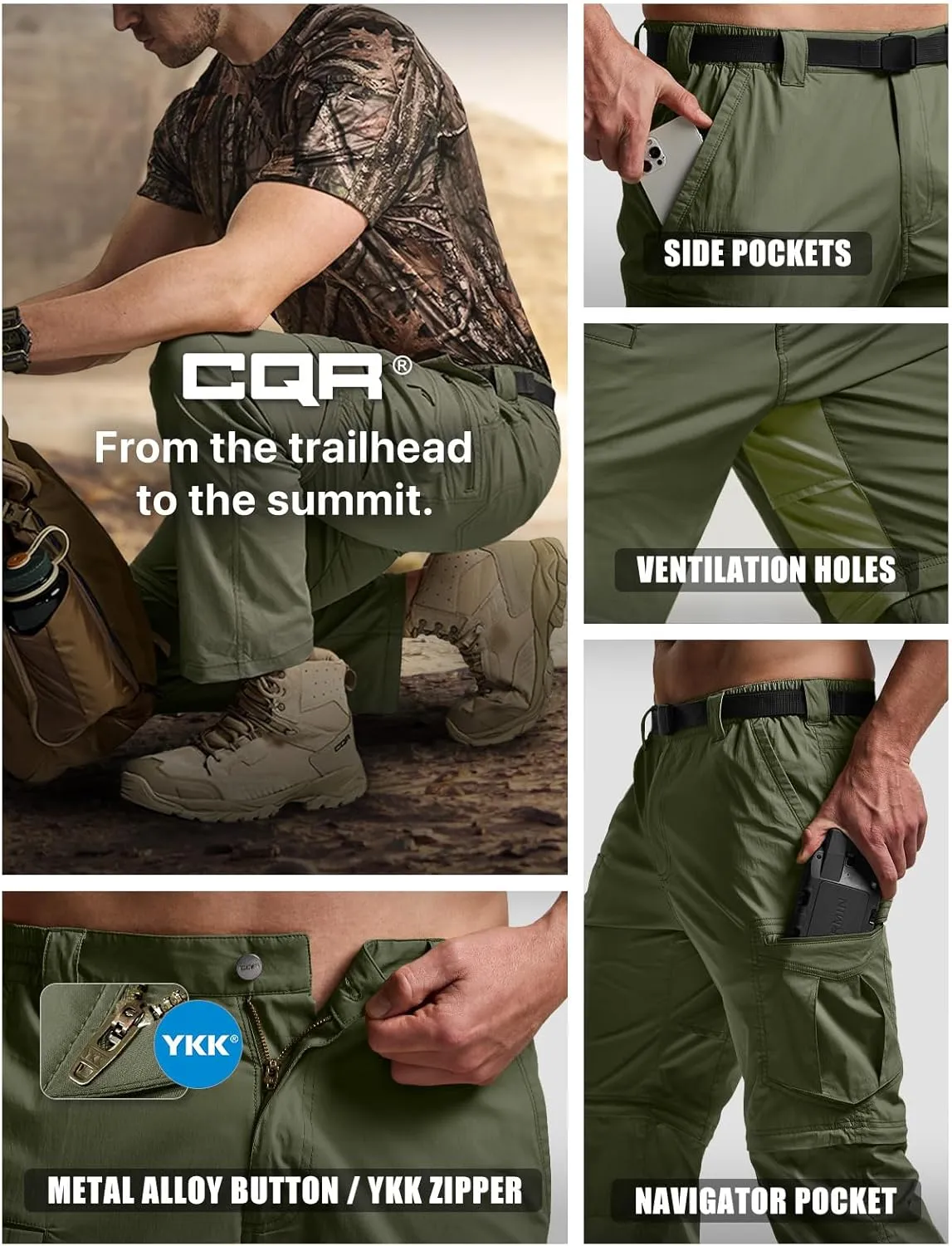 CQR Men's Convertible Cargo Tactical Pants, Water Resistant Outdoor Hiking Pants, Zip Off Lightweight Stretch Work Pants