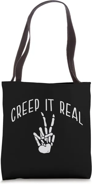 CREEP IT REAL Skeleton Hands Peace Sign Funny Halloween Meme Tote Bag