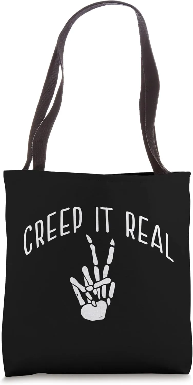 CREEP IT REAL Skeleton Hands Peace Sign Funny Halloween Meme Tote Bag