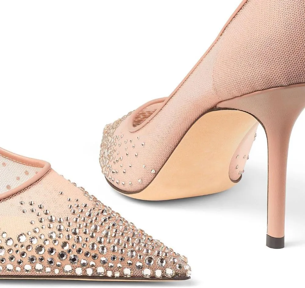 Crystal Embellished Pumps for Women Pointed Toe Mesh High Stiletto Heel