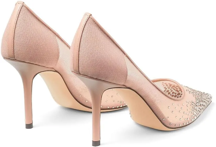 Crystal Embellished Pumps for Women Pointed Toe Mesh High Stiletto Heel