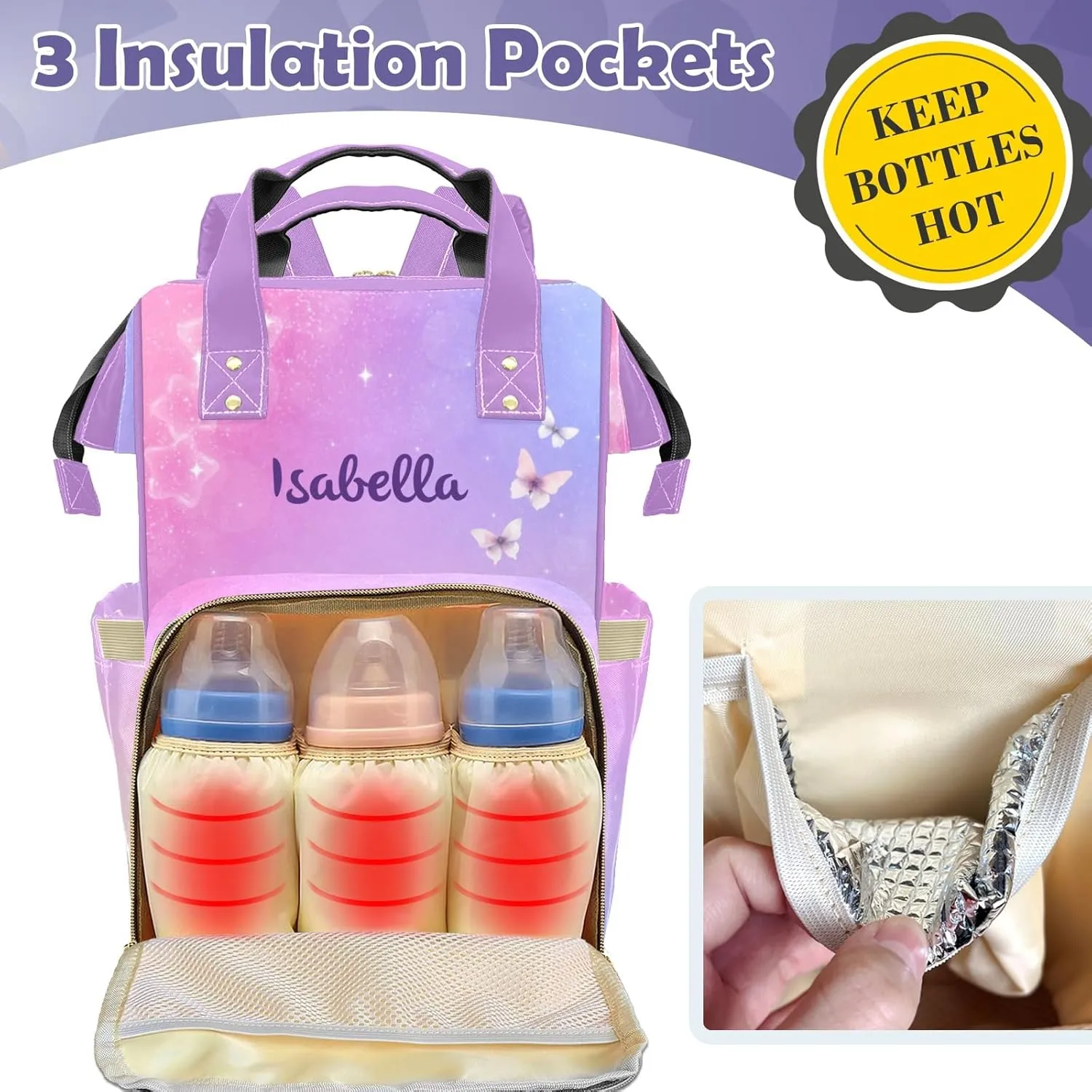 Cute Elephant Personalized Diaper Bags for Baby Girl with Name, Thermal Pockets, Large Custom Baby Bags for Girls, Waterproof Customized Nappy Bag Multi-function Mom Travel Daypack Backpack