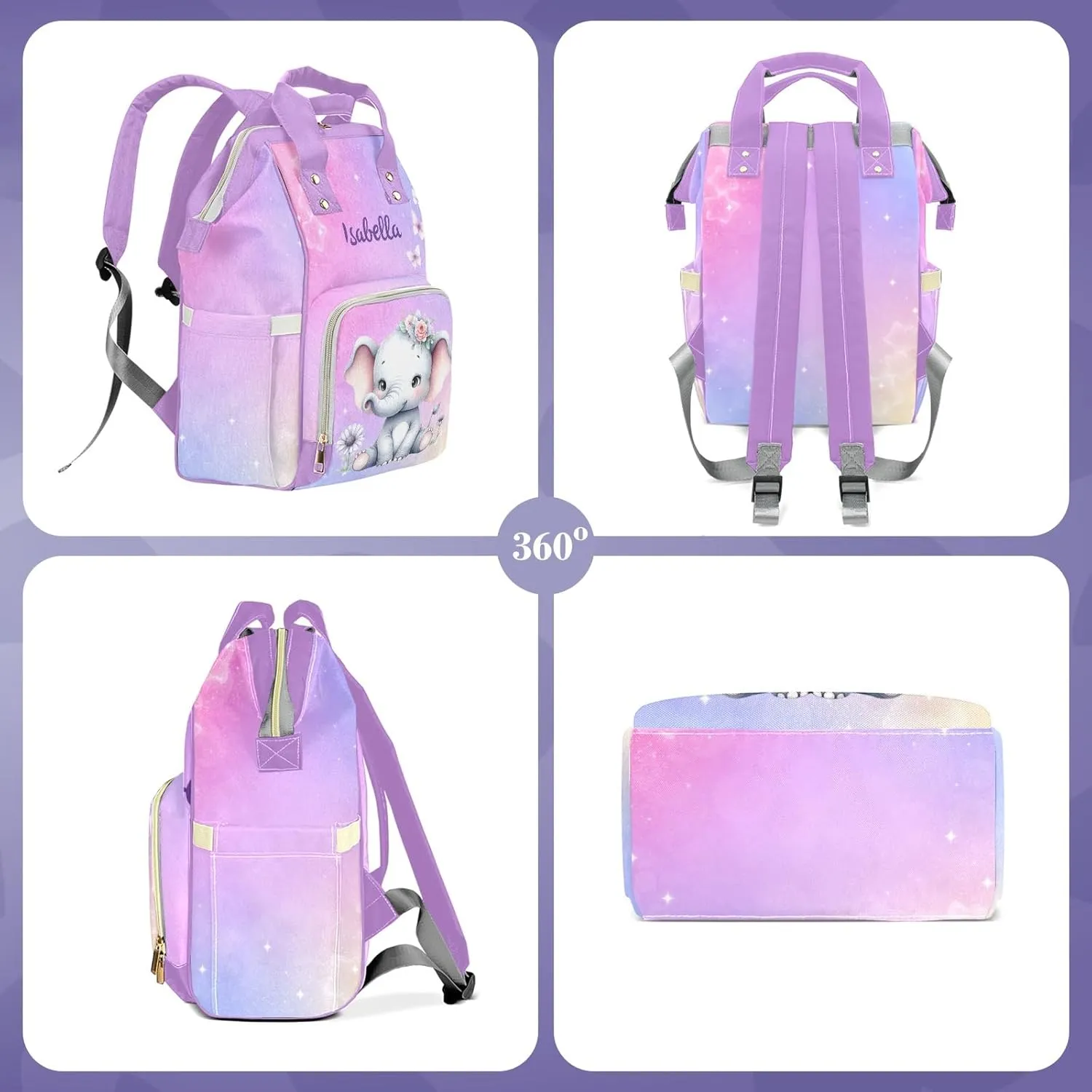 Cute Elephant Personalized Diaper Bags for Baby Girl with Name, Thermal Pockets, Large Custom Baby Bags for Girls, Waterproof Customized Nappy Bag Multi-function Mom Travel Daypack Backpack