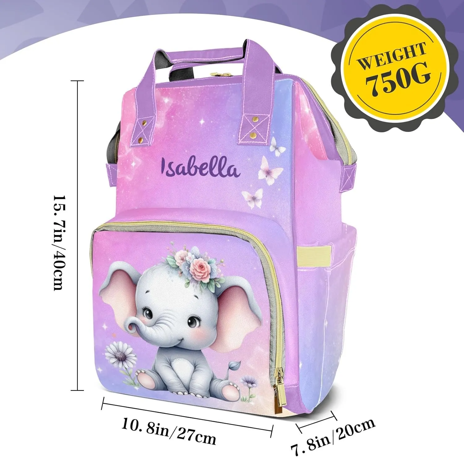 Cute Elephant Personalized Diaper Bags for Baby Girl with Name, Thermal Pockets, Large Custom Baby Bags for Girls, Waterproof Customized Nappy Bag Multi-function Mom Travel Daypack Backpack