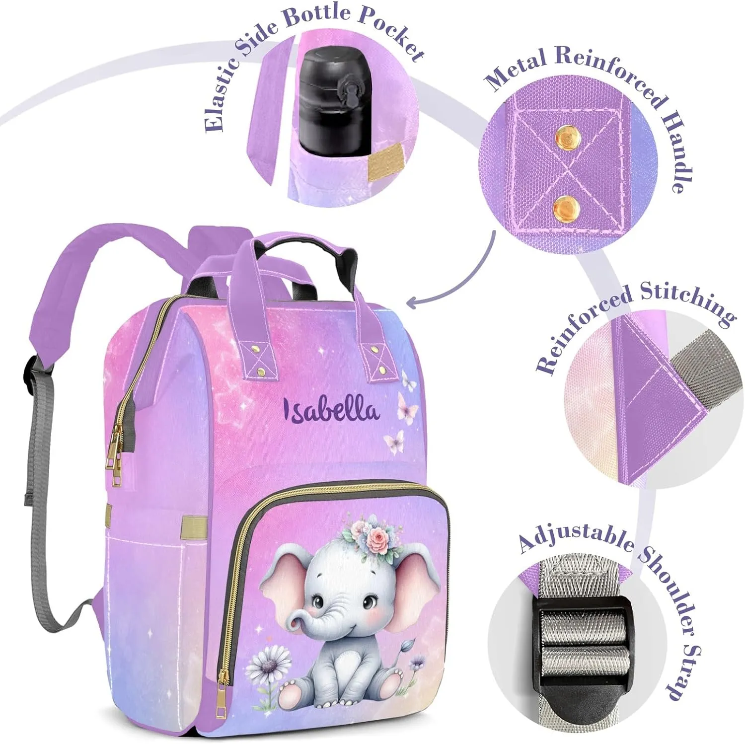 Cute Elephant Personalized Diaper Bags for Baby Girl with Name, Thermal Pockets, Large Custom Baby Bags for Girls, Waterproof Customized Nappy Bag Multi-function Mom Travel Daypack Backpack