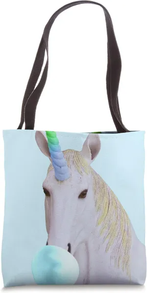 Cute rainbow unicorn that chews blue chewing gum Tote Bag