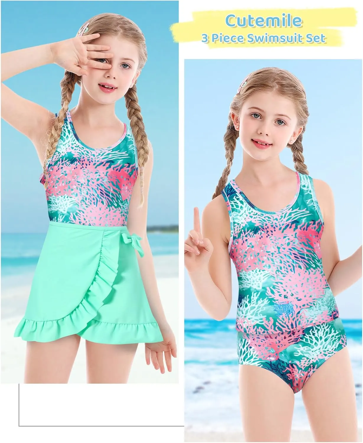 Cutemile Girls Swimsuit 3 Piece Bathing Suit Quick Dry Tankini Set with Cover Up Beach Skirt Bikini Swimwear 6-12 Years