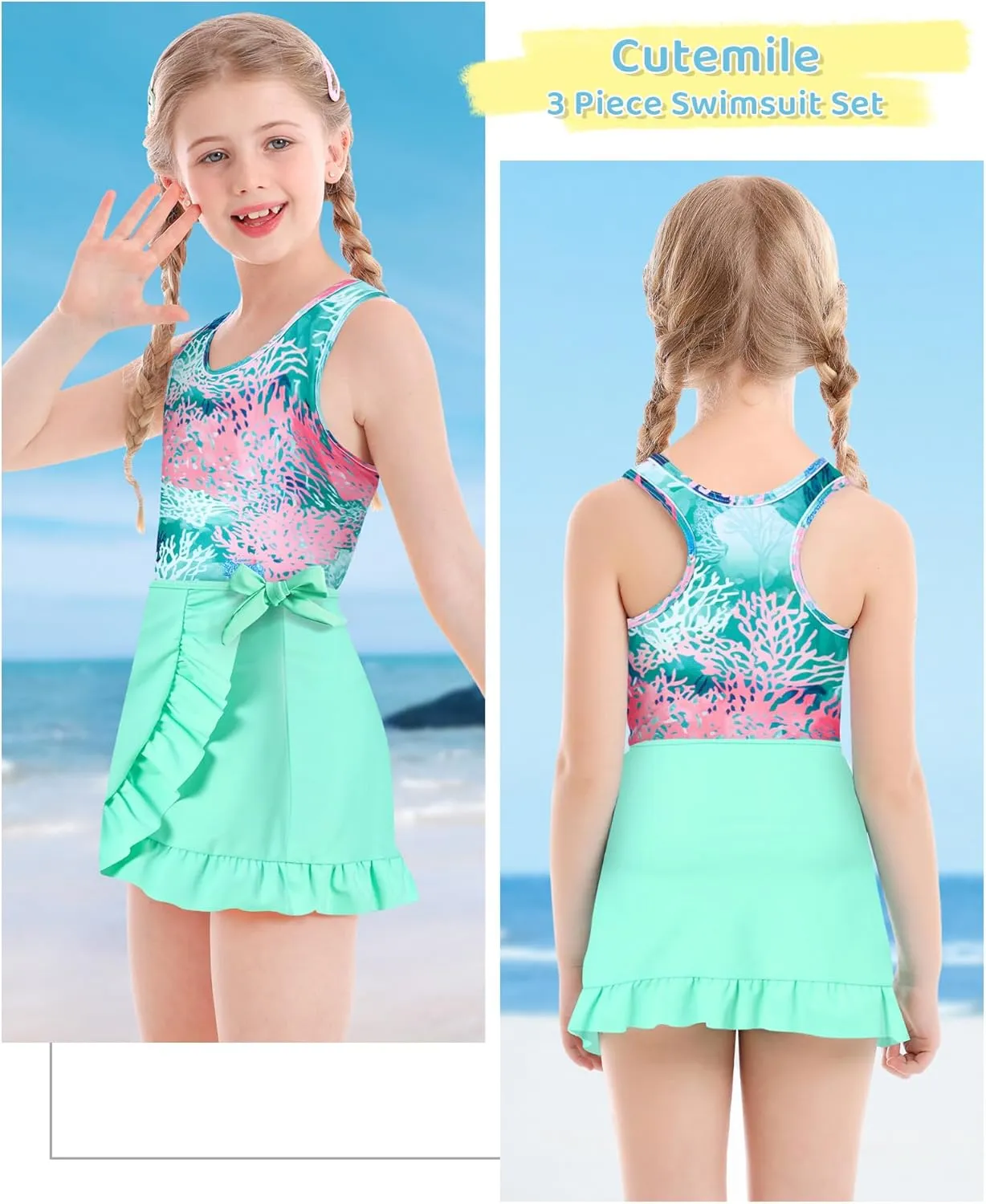 Cutemile Girls Swimsuit 3 Piece Bathing Suit Quick Dry Tankini Set with Cover Up Beach Skirt Bikini Swimwear 6-12 Years