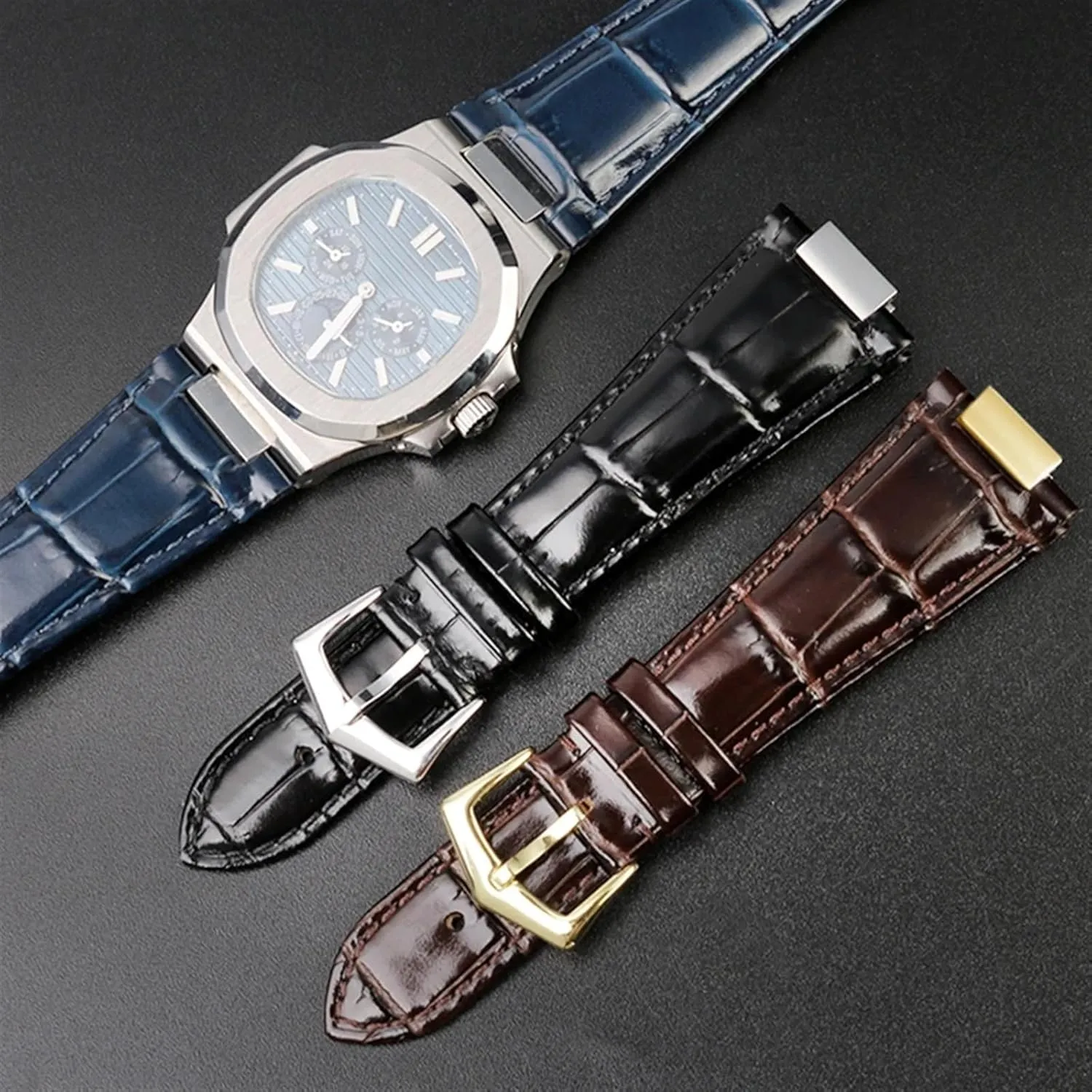 DASEB For Patek Philippe Nautilus 7118 5712 Genuine Leather Steel Connector 5711 5712G Watchband Notch 25x13mm Watch Bracelet Strap