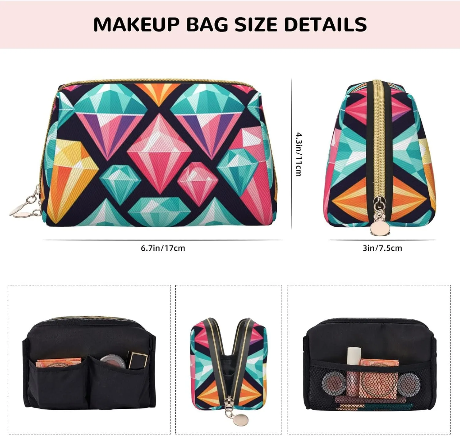 Diamond Pattern Printed Small Makeup Bag,Travel Cosmetic Bag Purse with Zipper,Water-resistant Makeup Organizer Bag for Women