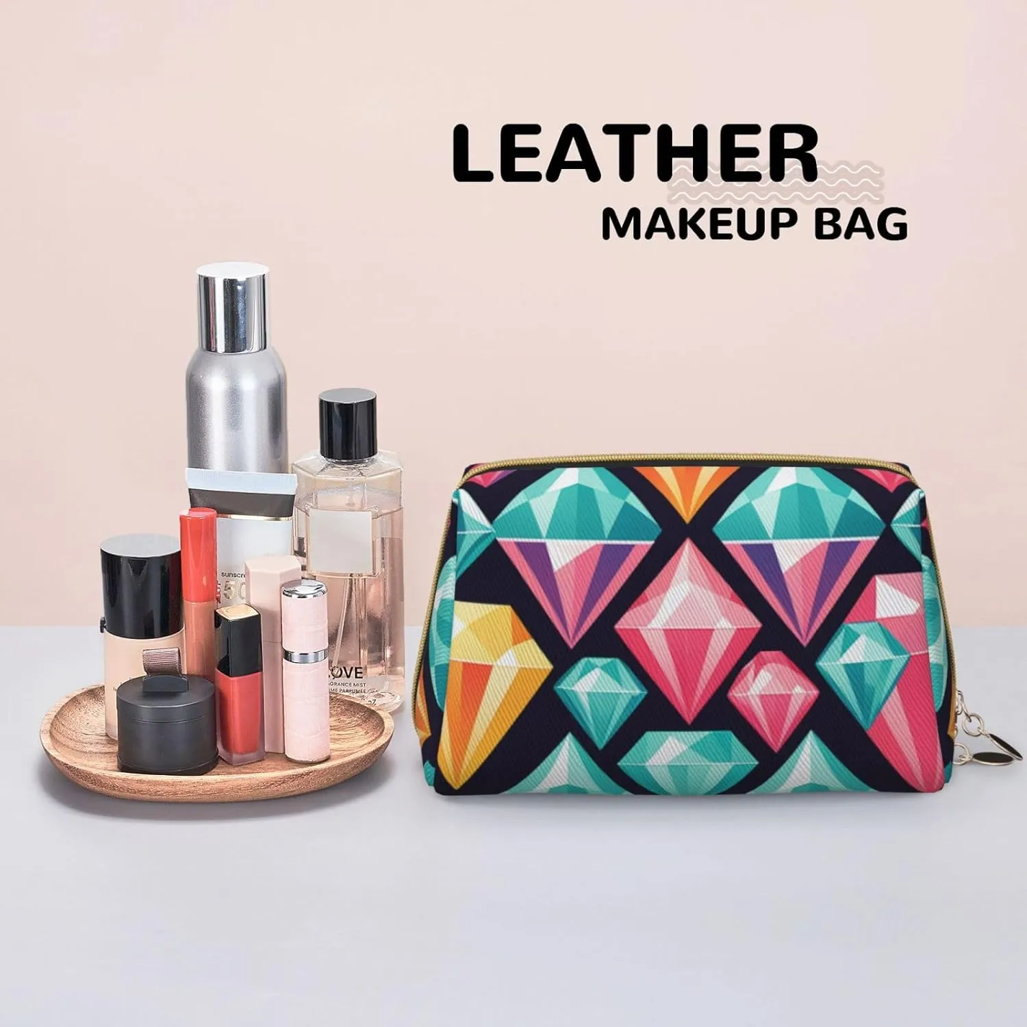 Diamond Pattern Printed Small Makeup Bag,Travel Cosmetic Bag Purse with Zipper,Water-resistant Makeup Organizer Bag for Women