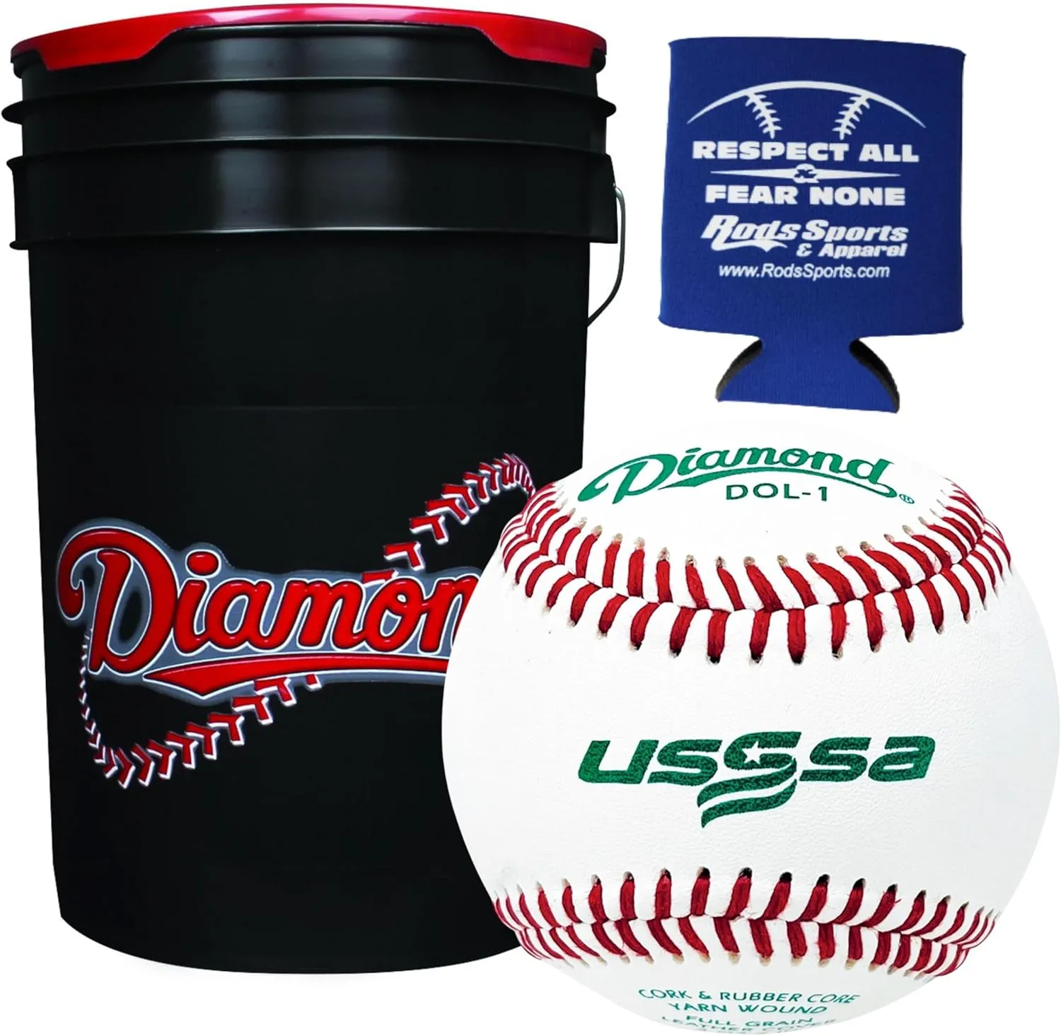 Diamond Sports DOL-1 USSSA - 30 Leather Baseballs with 6-Gallon Ball Bucket and Rods Insolated Can Sleeve