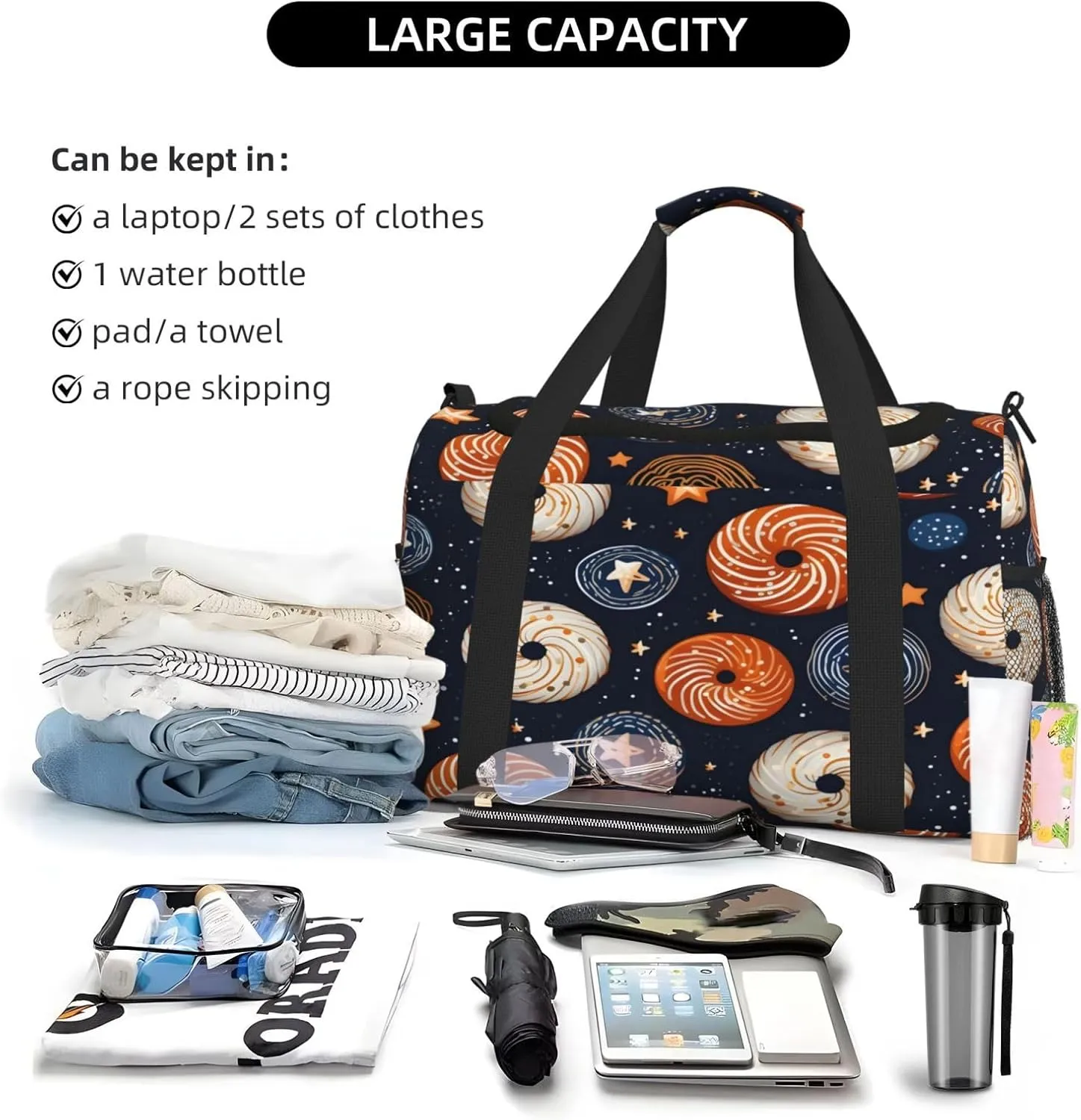 Donut Pattern Travel Duffel Bag with Strap Multi Pockets Sports Bag Handbag Large Shoulder Bag for Gym Weekend Fitness Camping