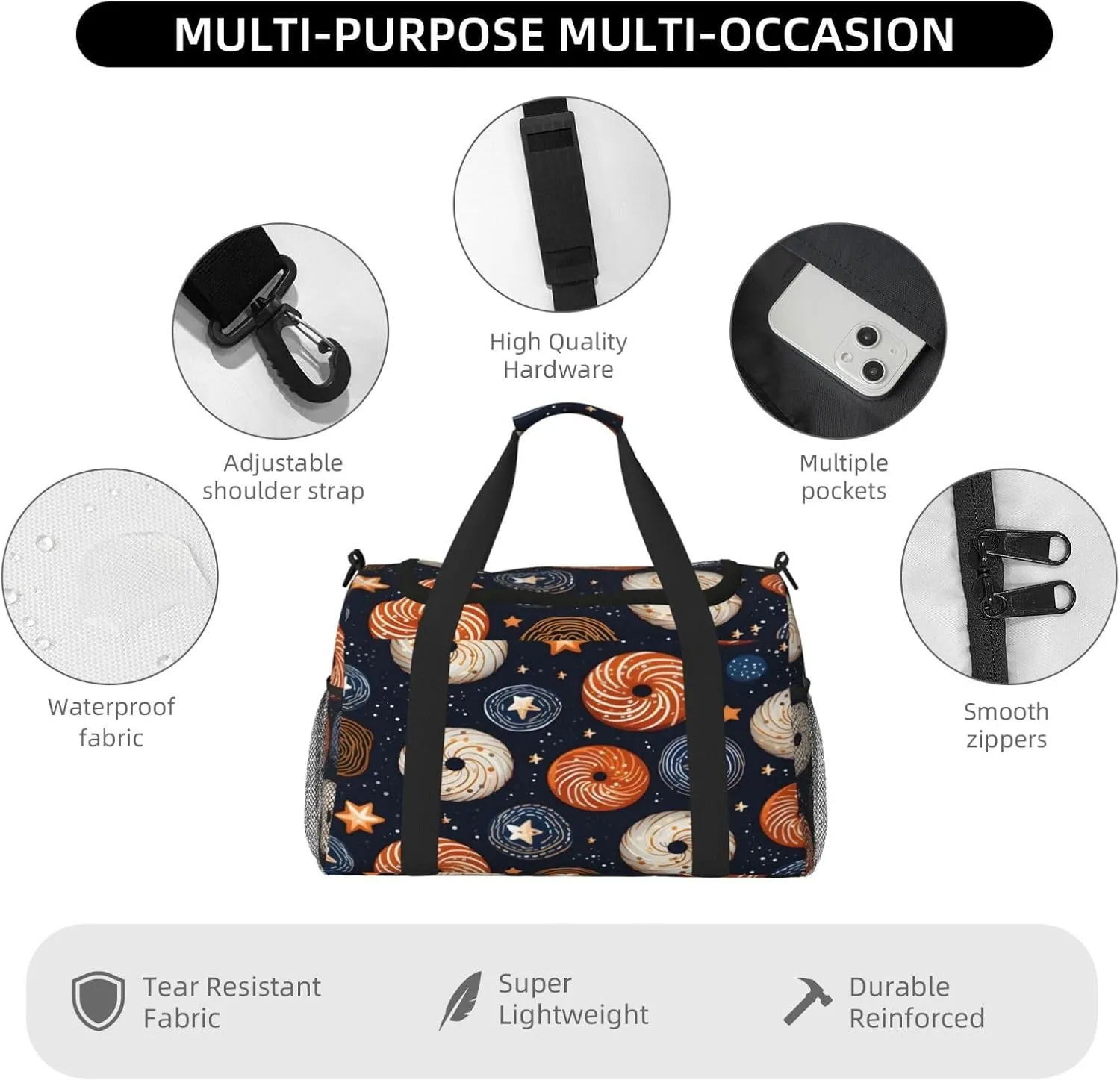 Donut Pattern Travel Duffel Bag with Strap Multi Pockets Sports Bag Handbag Large Shoulder Bag for Gym Weekend Fitness Camping