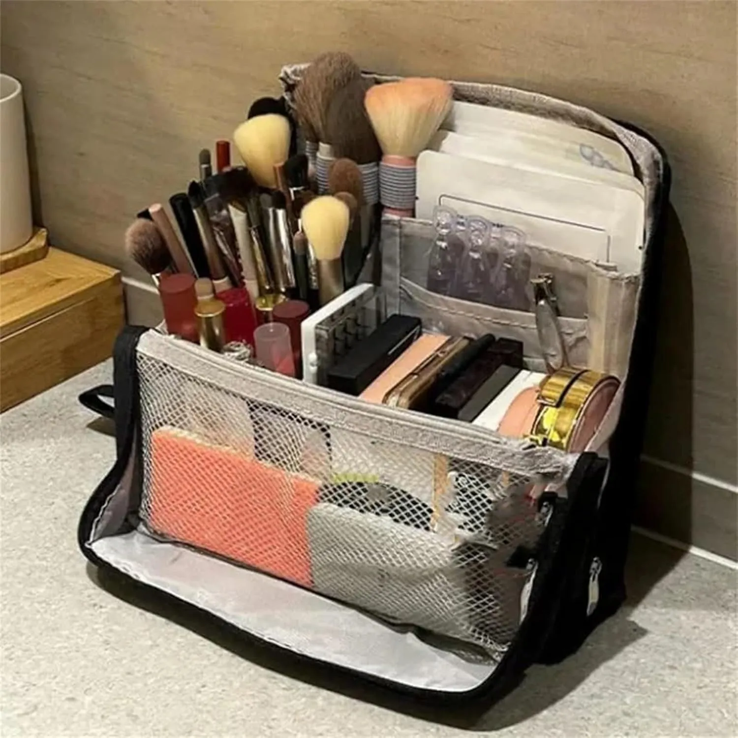 Doresty Makeup Bag, Multi-Purpose Large Capacity Standing Makeup Bag, Vertical Large Opening Waterproof Storage Bags with Compartments, Women Men Portable Toiletry Bag for Travel, Work (Navy)
