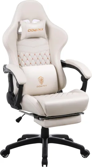 Dowinx Gaming Chair Big and Tall, Ergonomic Computer Chair with Footrest and Massage Lumbar Support, High Back Comfortable Gamer Chair for Adults 350Lbs PU Leather for Office Game, Ivory