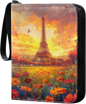 Eiffel Tower Painting Card Binder 4-Pocket, 400 Pockets Trading Cards Holder Games Card Albums Storage Organizer Case for Football, Baseball Cards