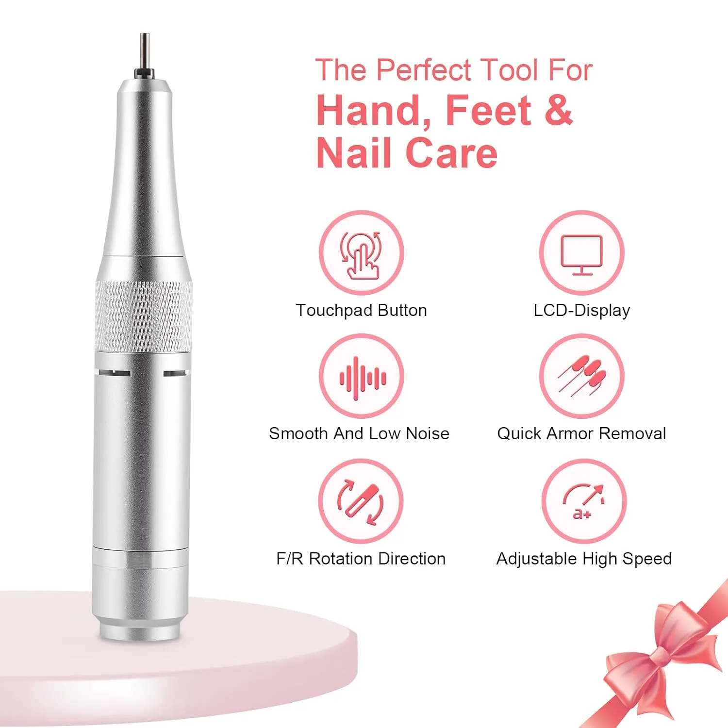 Electric 45000RPM Nail Drill Machine Rechargeable Portable Nail File Electric DIY Nail Drill Kit with Smart LCD Screen for Gel Nail Manicure and Pedicure Reflective Body etc (White)