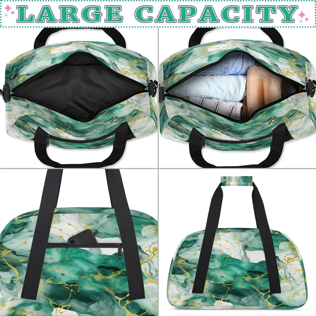 Emerald Green Marble Texture Kids Overnighter Duffel Bags for Boys, Carry-On Size Sports Gym Bag with Front Zipper Pocket for School Practice or Overnight Travel Weekender Sleepover Tote Bag