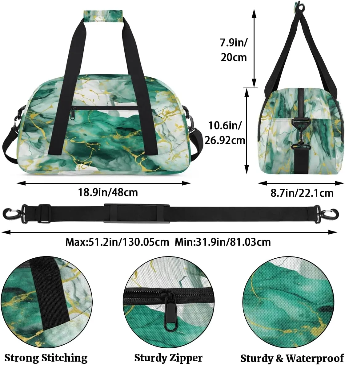 Emerald Green Marble Texture Kids Overnighter Duffel Bags for Boys, Carry-On Size Sports Gym Bag with Front Zipper Pocket for School Practice or Overnight Travel Weekender Sleepover Tote Bag