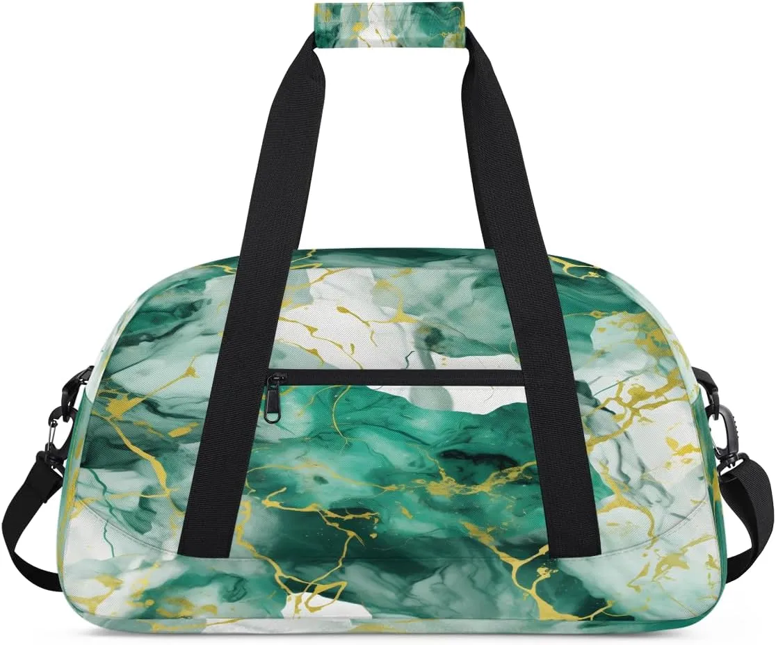 Emerald Green Marble Texture Kids Overnighter Duffel Bags for Boys, Carry-On Size Sports Gym Bag with Front Zipper Pocket for School Practice or Overnight Travel Weekender Sleepover Tote Bag