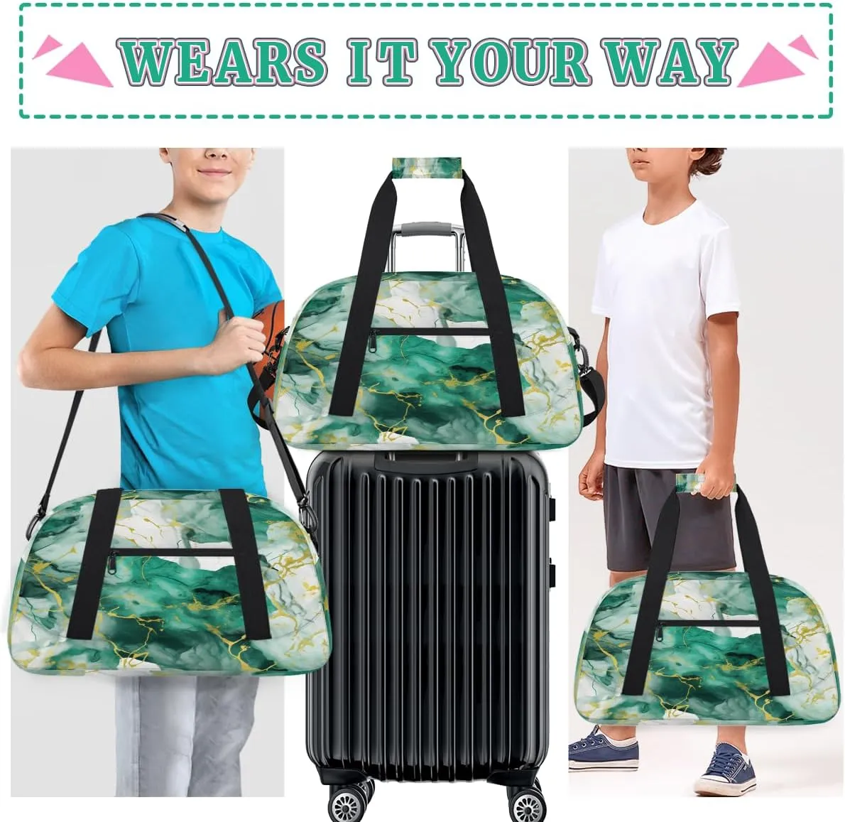Emerald Green Marble Texture Kids Overnighter Duffel Bags for Boys, Carry-On Size Sports Gym Bag with Front Zipper Pocket for School Practice or Overnight Travel Weekender Sleepover Tote Bag