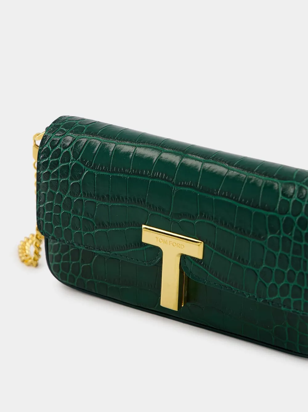 Emerald Green Shiny Stamped Crocodile Leather Wallis Mini Bag