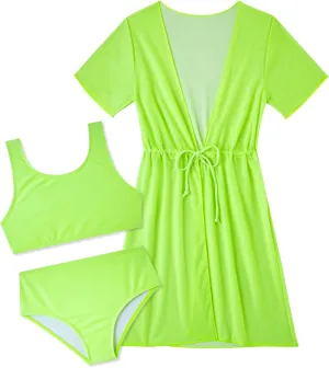 Enlifety Girls Swimsuit 3 Piece Bikini Bathing Suit Quick Dry Swimwear Sun Protection Cover-Up Sets 5-12 Years