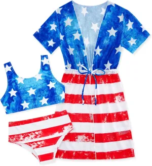 Enlifety Girls Swimsuit 3 Piece Bikini Bathing Suit Quick Dry Swimwear Sun Protection Cover-Up Sets 5-12 Years