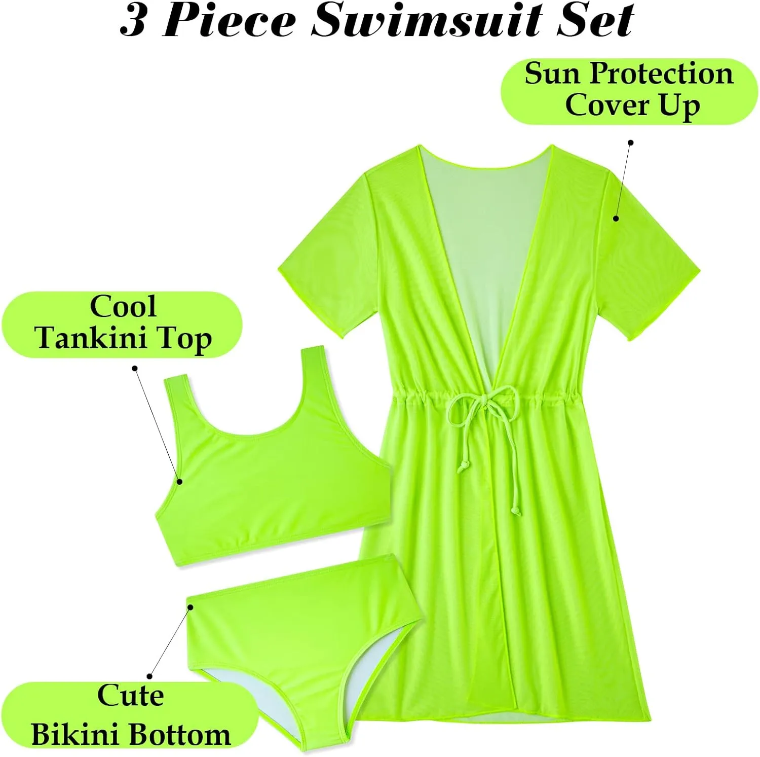 Enlifety Girls Swimsuit 3 Piece Bikini Bathing Suit Quick Dry Swimwear Sun Protection Cover-Up Sets 5-12 Years