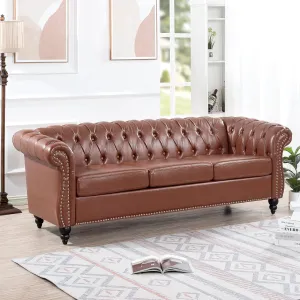 ERYE 3-Seaters Living Room Clasic Chesterfield Sofa Couch Button Tufted PU Leather Upholstered Sofa&Couch with Luxury Roller Armrest Soild Wood Legs Movable Cushions & Nailhead Decor