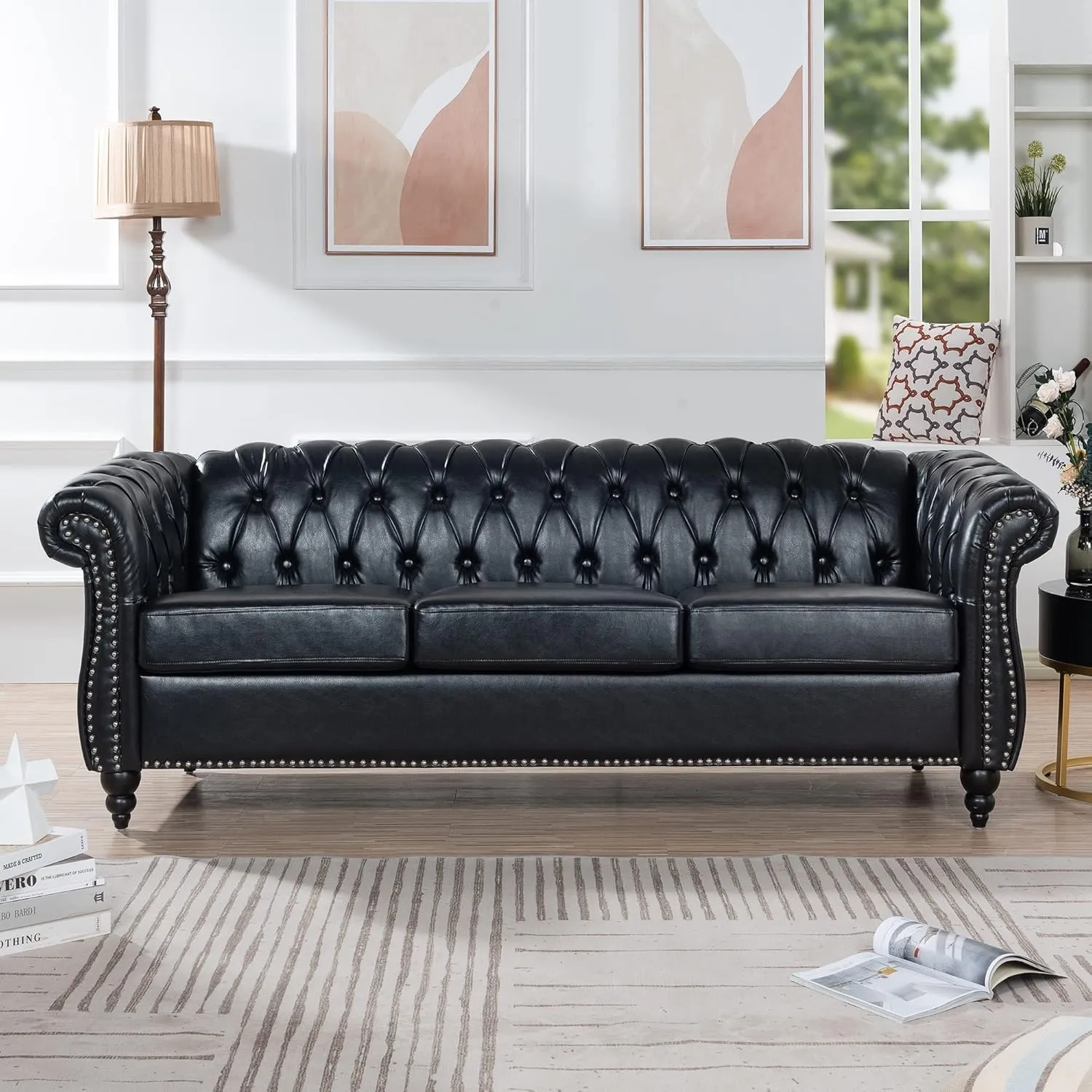 ERYE 3-Seaters Living Room Clasic Chesterfield Sofa Couch Button Tufted PU Leather Upholstered Sofa&Couch with Luxury Roller Armrest Soild Wood Legs Movable Cushions & Nailhead Decor