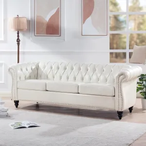 ERYE 3-Seaters Living Room Clasic Chesterfield Sofa Couch Button Tufted PU Leather Upholstered Sofa&Couch with Luxury Roller Armrest Soild Wood Legs Movable Cushions & Nailhead Decor
