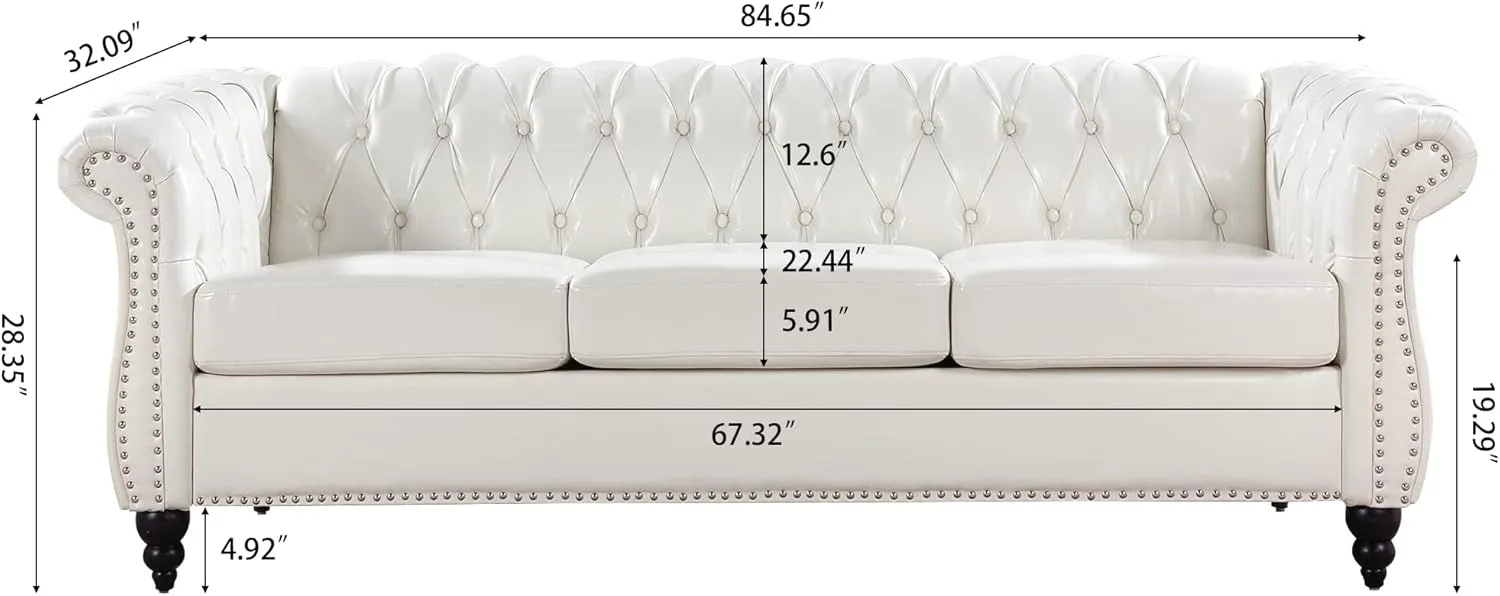 ERYE 3-Seaters Living Room Clasic Chesterfield Sofa Couch Button Tufted PU Leather Upholstered Sofa&Couch with Luxury Roller Armrest Soild Wood Legs Movable Cushions & Nailhead Decor