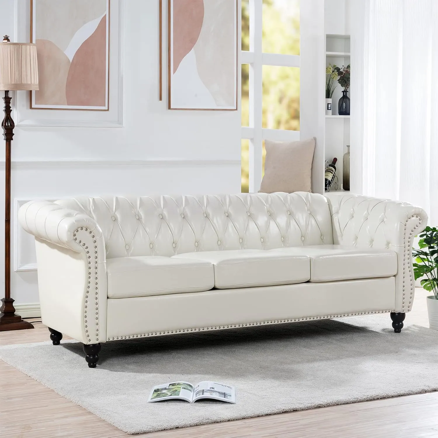 ERYE 3-Seaters Living Room Clasic Chesterfield Sofa Couch Button Tufted PU Leather Upholstered Sofa&Couch with Luxury Roller Armrest Soild Wood Legs Movable Cushions & Nailhead Decor