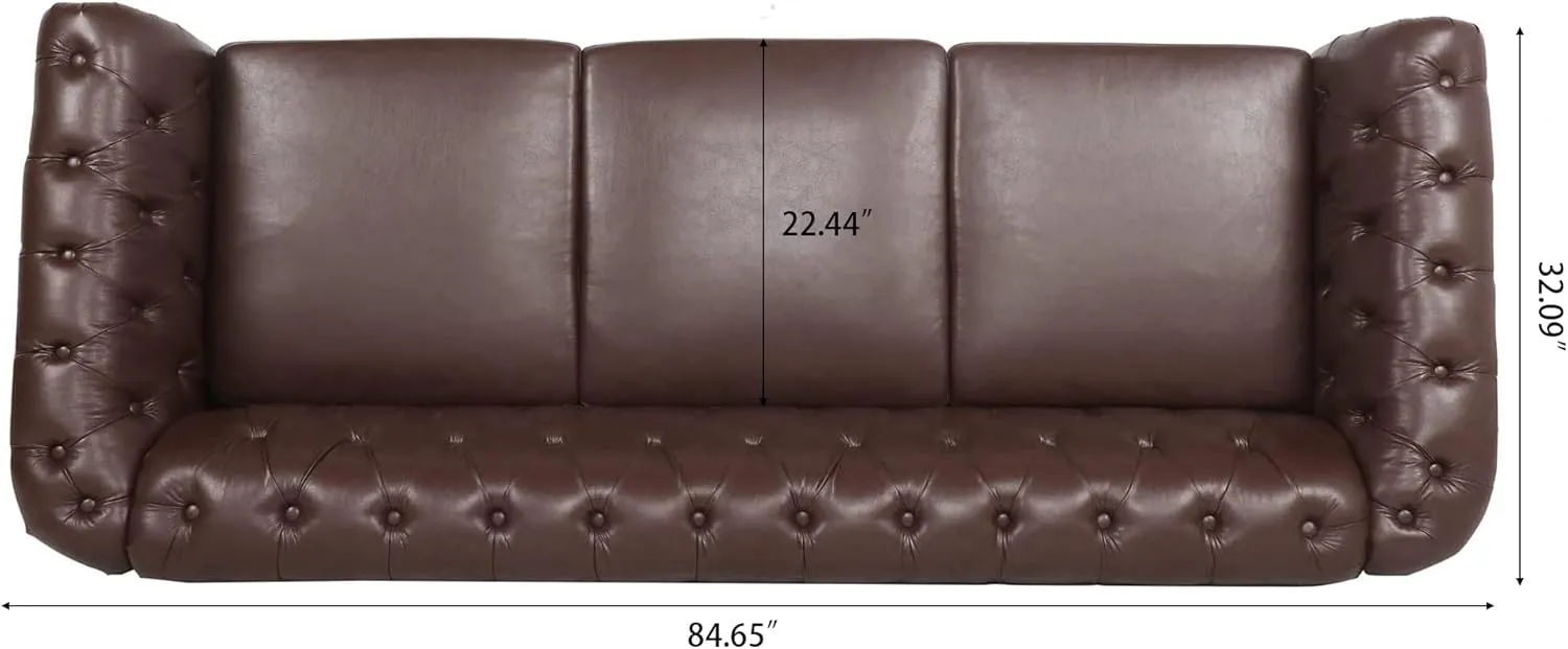 ERYE 3-Seaters Living Room Clasic Chesterfield Sofa Couch Button Tufted PU Leather Upholstered Sofa&Couch with Luxury Roller Armrest Soild Wood Legs Movable Cushions & Nailhead Decor