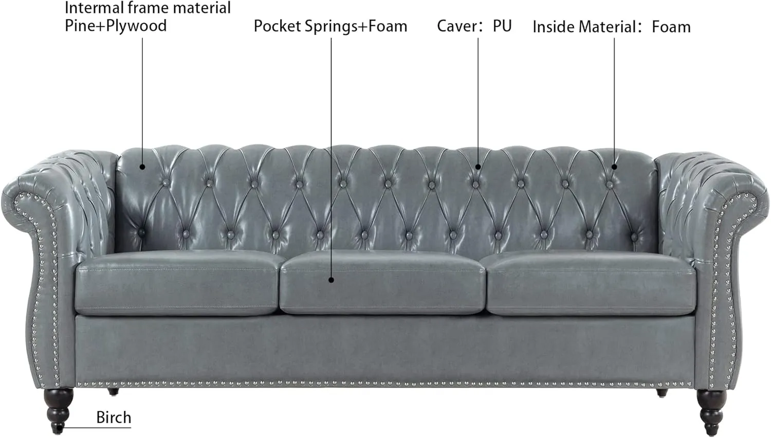 ERYE 3-Seaters Living Room Clasic Chesterfield Sofa Couch Button Tufted PU Leather Upholstered Sofa&Couch with Luxury Roller Armrest Soild Wood Legs Movable Cushions & Nailhead Decor