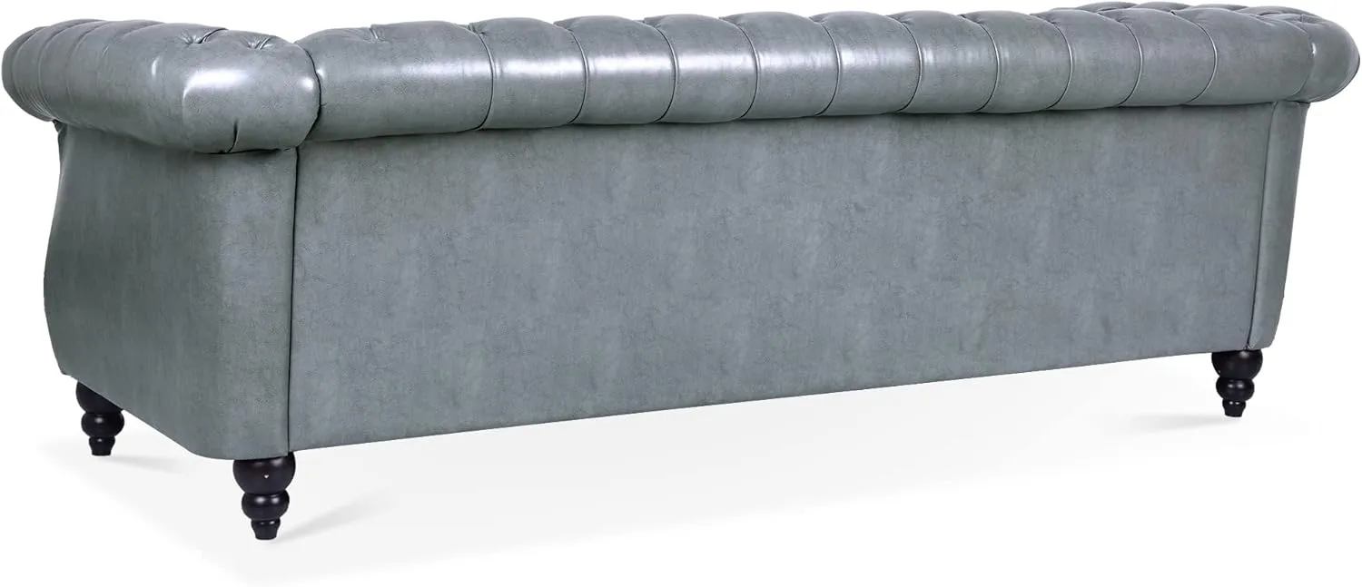 ERYE 3-Seaters Living Room Clasic Chesterfield Sofa Couch Button Tufted PU Leather Upholstered Sofa&Couch with Luxury Roller Armrest Soild Wood Legs Movable Cushions & Nailhead Decor
