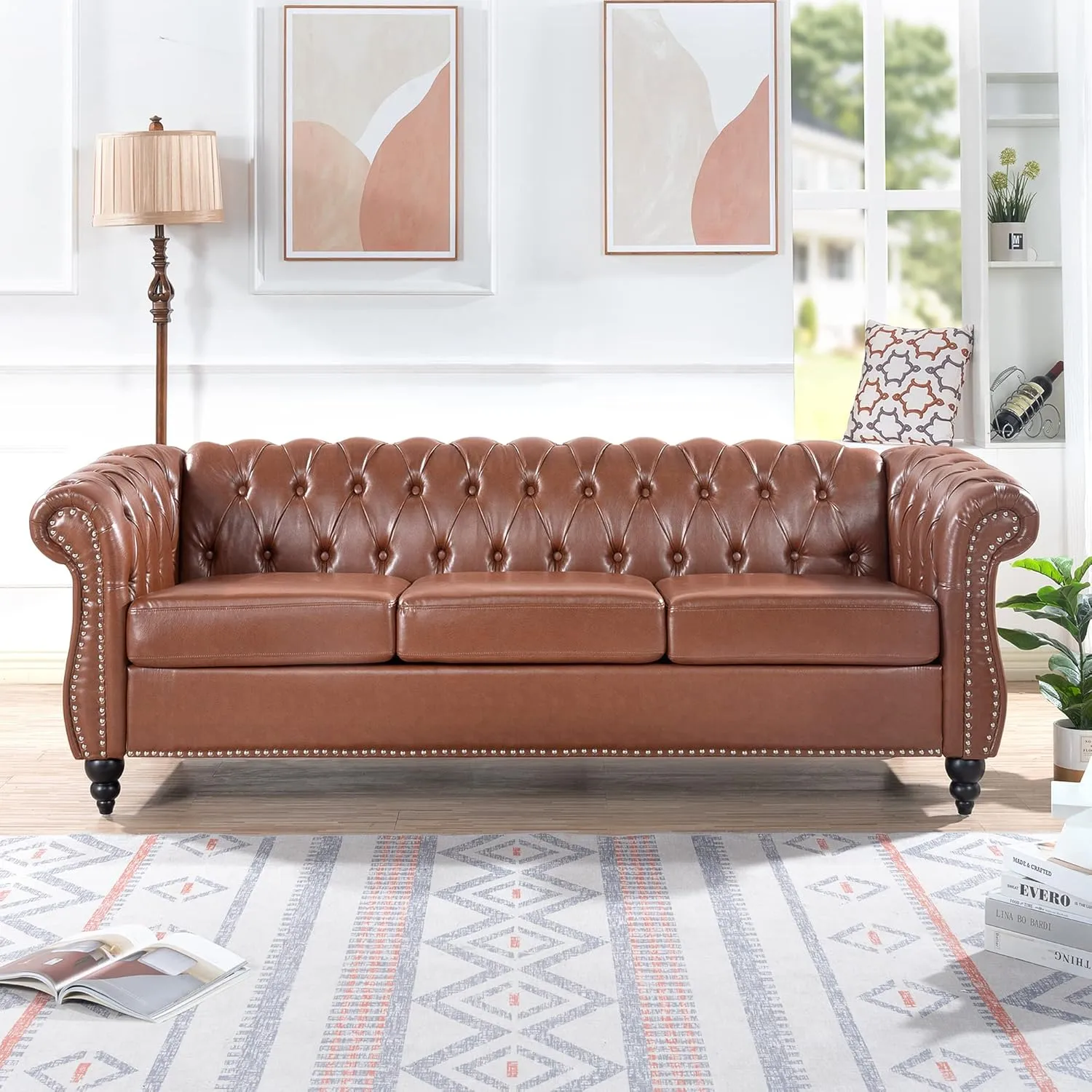 ERYE 3-Seaters Living Room Clasic Chesterfield Sofa Couch Button Tufted PU Leather Upholstered Sofa&Couch with Luxury Roller Armrest Soild Wood Legs Movable Cushions & Nailhead Decor