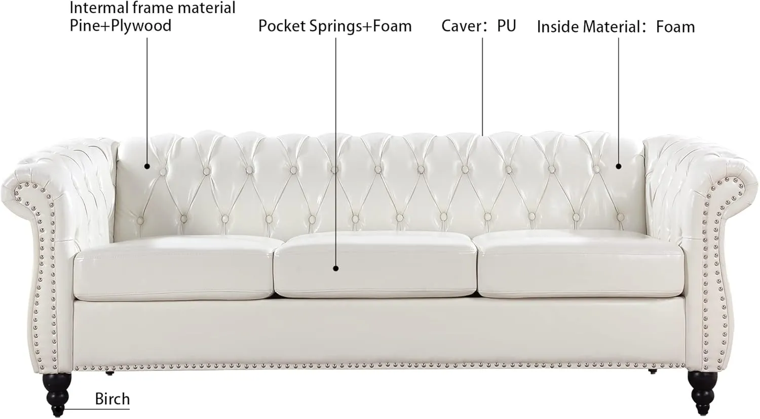 ERYE 3-Seaters Living Room Clasic Chesterfield Sofa Couch Button Tufted PU Leather Upholstered Sofa&Couch with Luxury Roller Armrest Soild Wood Legs Movable Cushions & Nailhead Decor