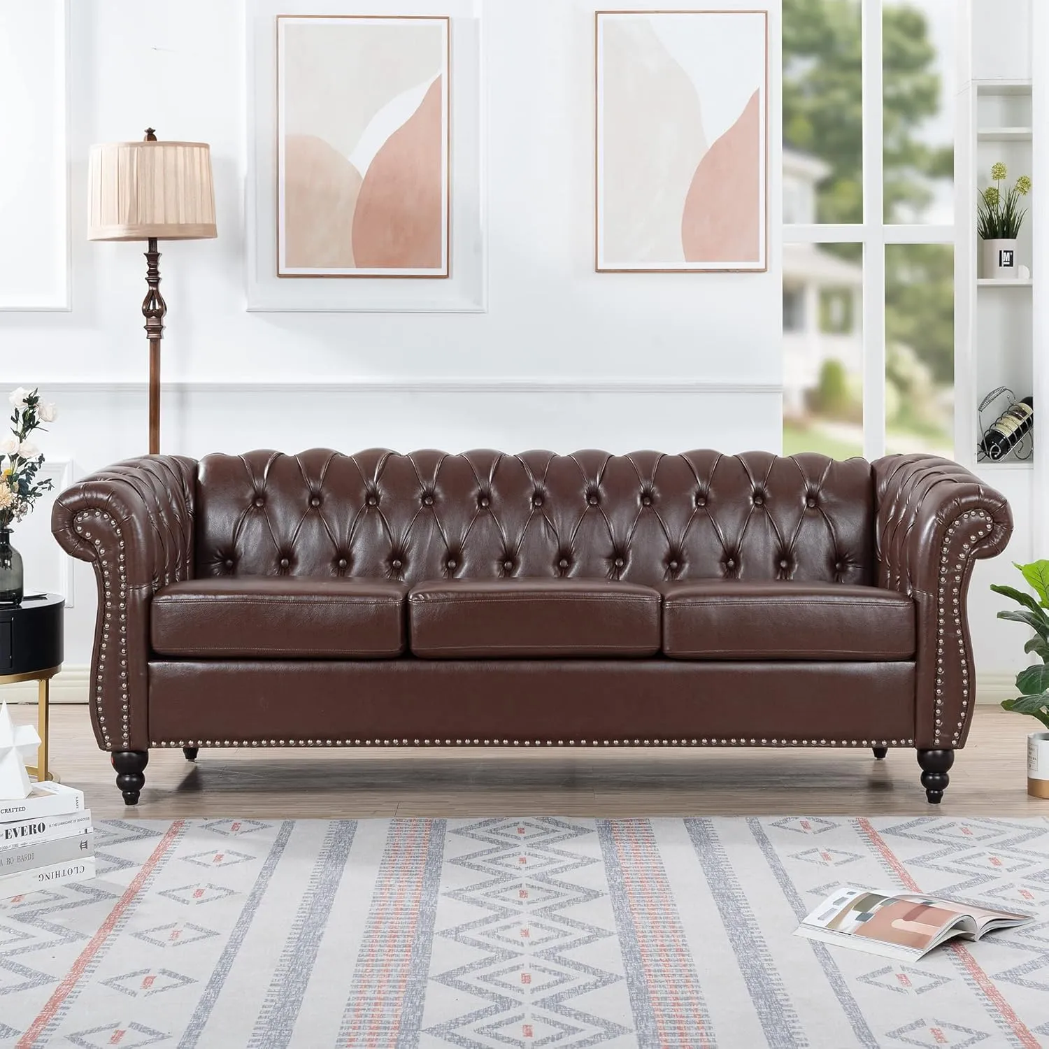 ERYE 3-Seaters Living Room Clasic Chesterfield Sofa Couch Button Tufted PU Leather Upholstered Sofa&Couch with Luxury Roller Armrest Soild Wood Legs Movable Cushions & Nailhead Decor