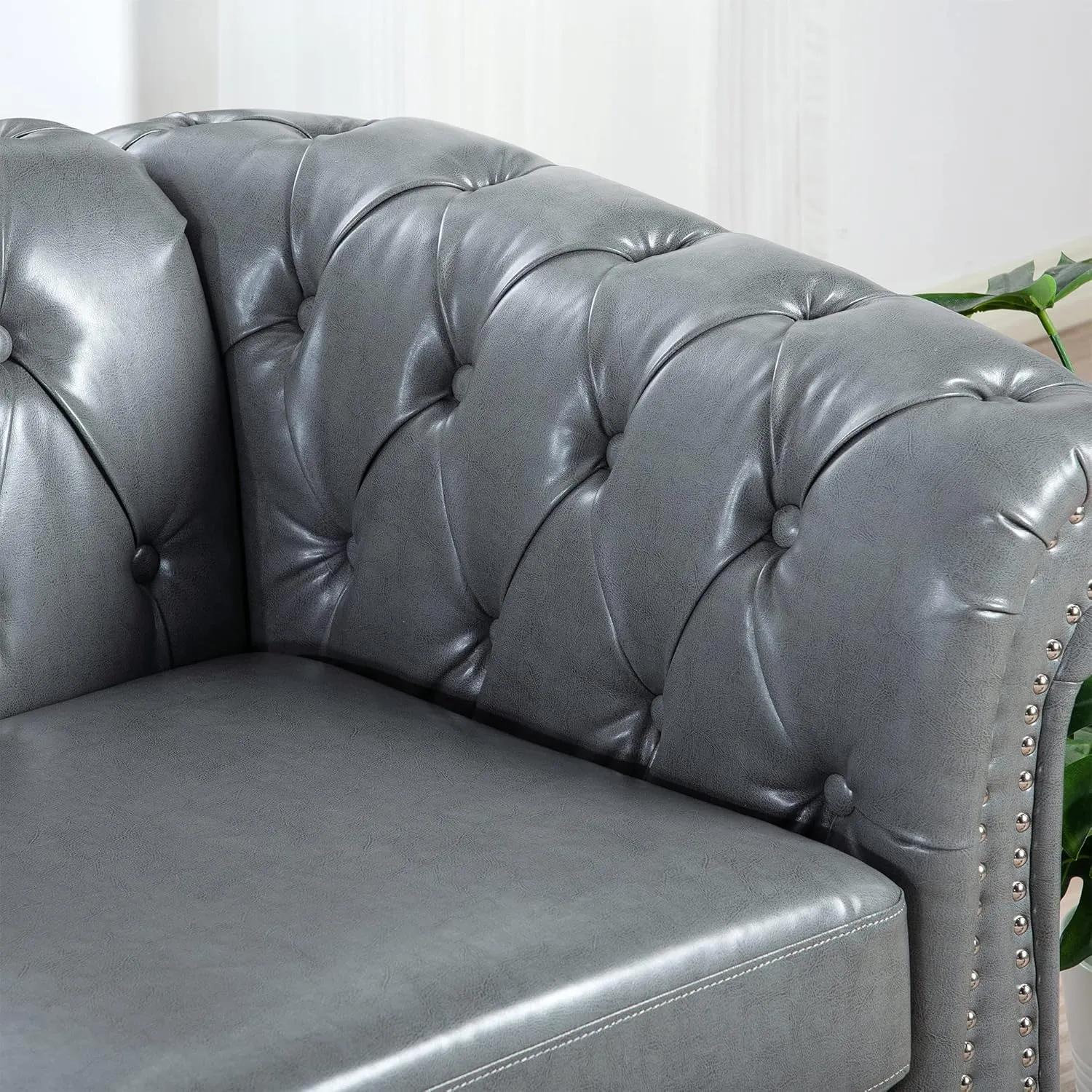ERYE 3-Seaters Living Room Clasic Chesterfield Sofa Couch Button Tufted PU Leather Upholstered Sofa&Couch with Luxury Roller Armrest Soild Wood Legs Movable Cushions & Nailhead Decor