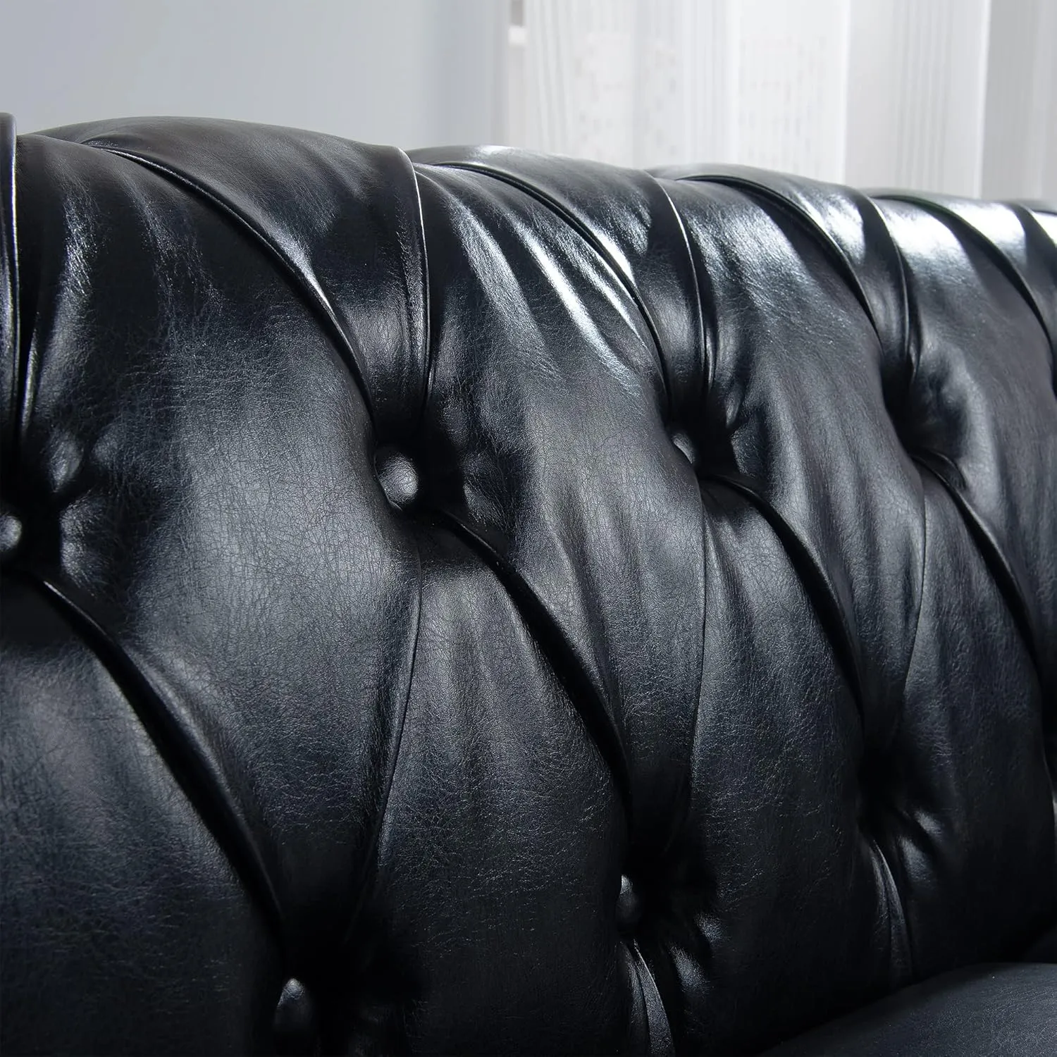 ERYE 3-Seaters Living Room Clasic Chesterfield Sofa Couch Button Tufted PU Leather Upholstered Sofa&Couch with Luxury Roller Armrest Soild Wood Legs Movable Cushions & Nailhead Decor