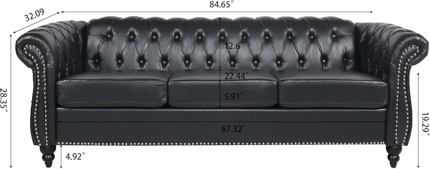 ERYE 3-Seaters Living Room Clasic Chesterfield Sofa Couch Button Tufted PU Leather Upholstered Sofa&Couch with Luxury Roller Armrest Soild Wood Legs Movable Cushions & Nailhead Decor