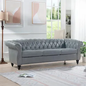 ERYE 3-Seaters Living Room Clasic Chesterfield Sofa Couch Button Tufted PU Leather Upholstered Sofa&Couch with Luxury Roller Armrest Soild Wood Legs Movable Cushions & Nailhead Decor