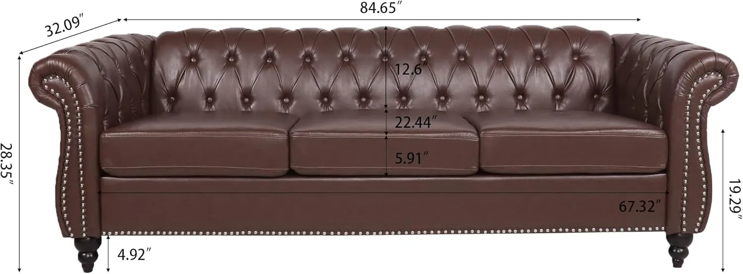 ERYE 3-Seaters Living Room Clasic Chesterfield Sofa Couch Button Tufted PU Leather Upholstered Sofa&Couch with Luxury Roller Armrest Soild Wood Legs Movable Cushions & Nailhead Decor