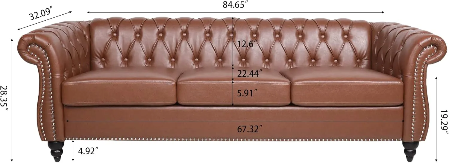 ERYE 3-Seaters Living Room Clasic Chesterfield Sofa Couch Button Tufted PU Leather Upholstered Sofa&Couch with Luxury Roller Armrest Soild Wood Legs Movable Cushions & Nailhead Decor