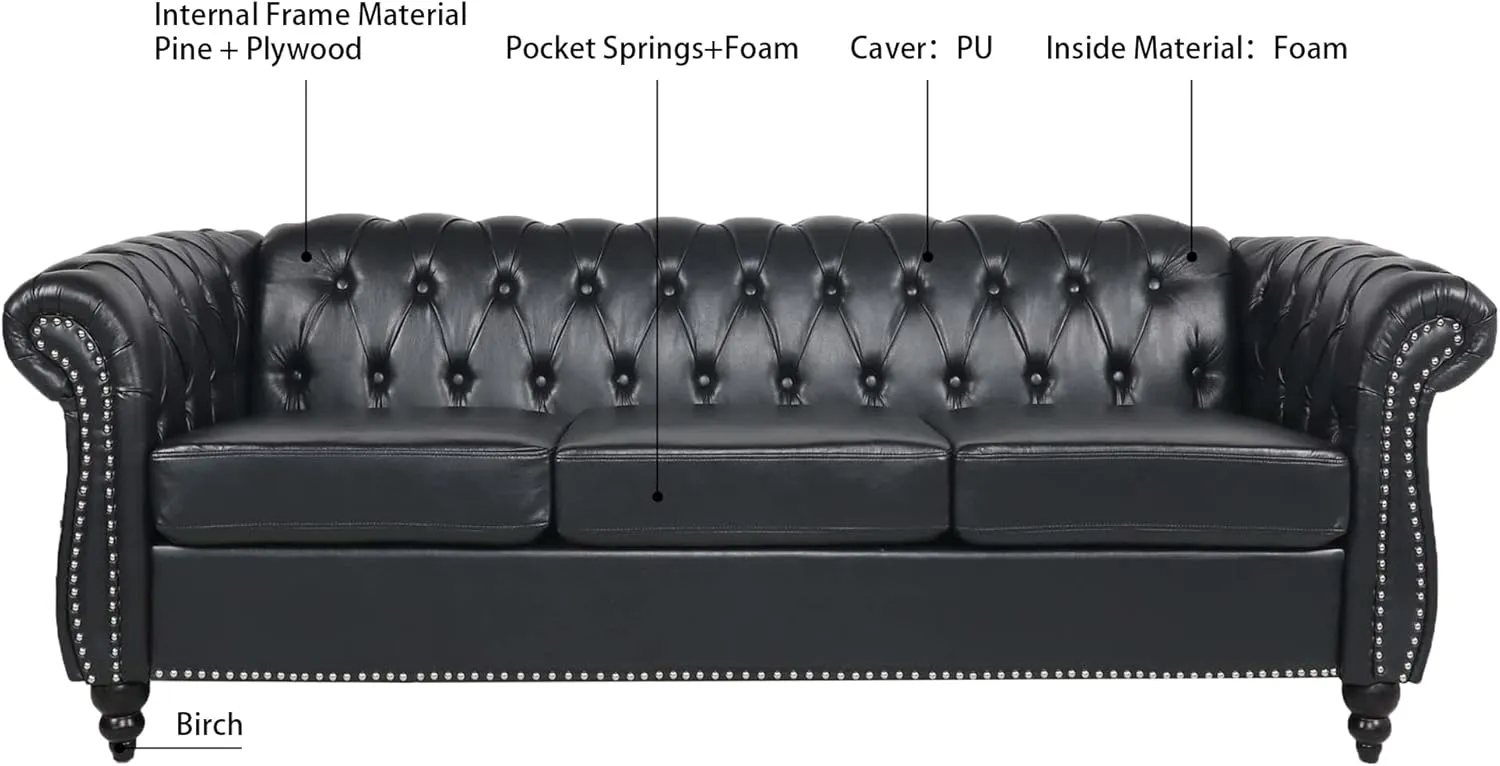 ERYE 3-Seaters Living Room Clasic Chesterfield Sofa Couch Button Tufted PU Leather Upholstered Sofa&Couch with Luxury Roller Armrest Soild Wood Legs Movable Cushions & Nailhead Decor