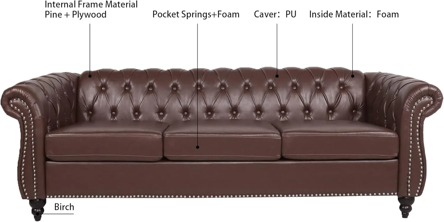 ERYE 3-Seaters Living Room Clasic Chesterfield Sofa Couch Button Tufted PU Leather Upholstered Sofa&Couch with Luxury Roller Armrest Soild Wood Legs Movable Cushions & Nailhead Decor