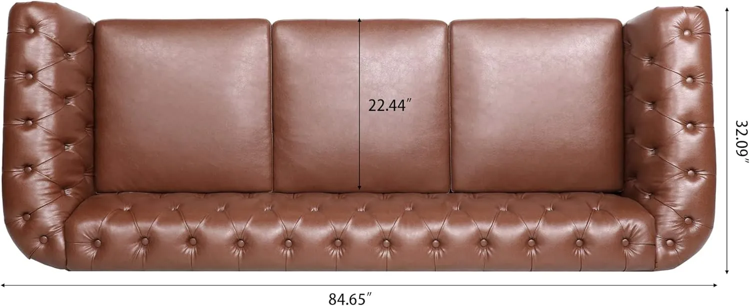 ERYE 3-Seaters Living Room Clasic Chesterfield Sofa Couch Button Tufted PU Leather Upholstered Sofa&Couch with Luxury Roller Armrest Soild Wood Legs Movable Cushions & Nailhead Decor